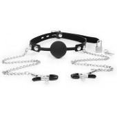 Черный кляп-шарик с зажимами на соски на металлической цепочке - Notabu - купить с доставкой в Пензе