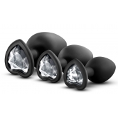 Набор из 3 черных пробок с прозрачным кристаллом-сердечком Bling Plugs Training Kit - Blush Novelties - купить с доставкой в Пензе