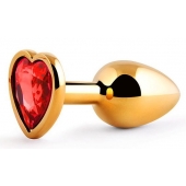 Золотистая анальная пробка с красным стразом-сердечком - 7 см. - Anal Jewelry Plug - купить с доставкой в Пензе