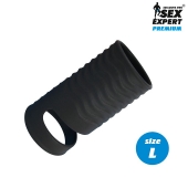 Черная открытая насадка на пенис с кольцом для мошонки L-size - 8,5 см. - Sex Expert - в Пензе купить с доставкой