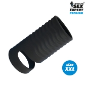 Черная открытая насадка на пенис с кольцом для мошонки XXL-size - 9,4 см. - Sex Expert - в Пензе купить с доставкой