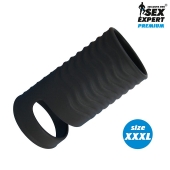 Черная открытая насадка на пенис с кольцом для мошонки XXXL-size - 9,9 см. - Sex Expert - в Пензе купить с доставкой