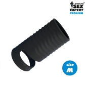 Черная открытая насадка на пенис с кольцом для мошонки size M - 7,9 см. - Sex Expert - в Пензе купить с доставкой