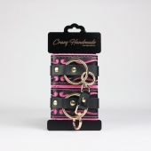 Черные кожаные наручники с розовой строчкой - Crazy Handmade - купить с доставкой в Пензе