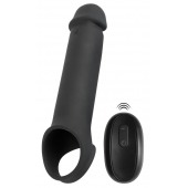 Черная вибронасадка для пениса с хомутом для мошонки и пультом ДУ Remote Controlled Penis Extension - Orion - в Пензе купить с доставкой