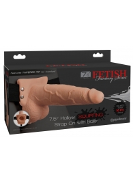 Телесный полый страпон с имитацией эякуляции 7.5  Hollow Squirting Strap-On with Balls Flesh - 21,6 см. - Pipedream - купить с доставкой в Пензе
