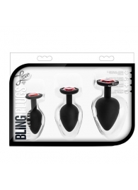 Набор черных анальных пробок с красным кристаллом-сердечком Bling Plugs Training Kit - Blush Novelties - купить с доставкой в Пензе