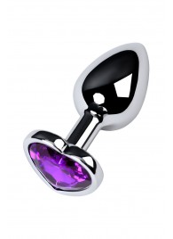 Серебристая коническая анальная пробка с фиолетовым кристаллом-сердечком - 7 см. - ToyFa - купить с доставкой в Пензе