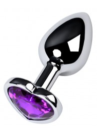 Серебристая коническая анальная пробка с фиолетовым кристаллом-сердечком - 7 см. - ToyFa - купить с доставкой в Пензе