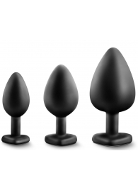 Набор из 3 черных пробок с прозрачным кристаллом-сердечком Bling Plugs Training Kit - Blush Novelties - купить с доставкой в Пензе