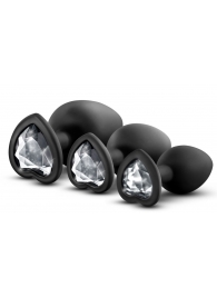 Набор из 3 черных пробок с прозрачным кристаллом-сердечком Bling Plugs Training Kit - Blush Novelties - купить с доставкой в Пензе