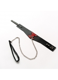 Черный широкий ошейник с красным декором и поводком - Crazy Handmade - купить с доставкой в Пензе