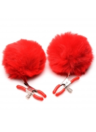 Красные зажимы на соски с помпонами Pom Pom - XR Brands - купить с доставкой в Пензе