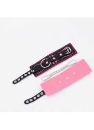 Черно-розовые кожаные наручники с розовой строчкой - Crazy Handmade - купить с доставкой в Пензе