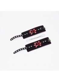 Черные кожаные наручники с красным декором и строчкой - Crazy Handmade - купить с доставкой в Пензе