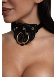 Черный фигурный кожаный ошейник с золотистой фурнитурой - Crazy Handmade - купить с доставкой в Пензе