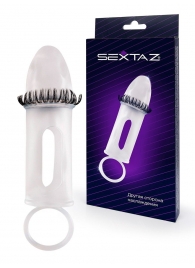 Закрытая насадка на пенис с подхватом мошонки и стимулирующими «ресничками» - Sextaz - в Пензе купить с доставкой