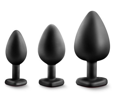 Набор черных анальных пробок с красным кристаллом-сердечком Bling Plugs Training Kit - Blush Novelties - купить с доставкой в Пензе