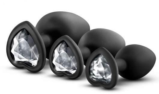 Набор из 3 черных пробок с прозрачным кристаллом-сердечком Bling Plugs Training Kit - Blush Novelties - купить с доставкой в Пензе