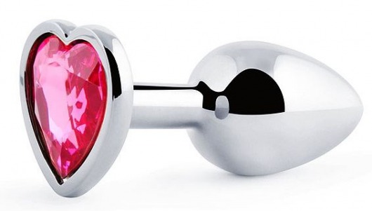 Серебристая анальная пробка с розовым кристаллом-сердечком - 7 см. - Anal Jewelry Plug - купить с доставкой в Пензе