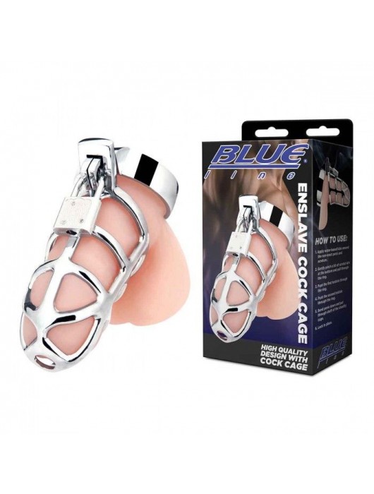 Серебристая металлическая клетка для члена с замком Enslave Cock Cage - BlueLine - купить с доставкой в Пензе