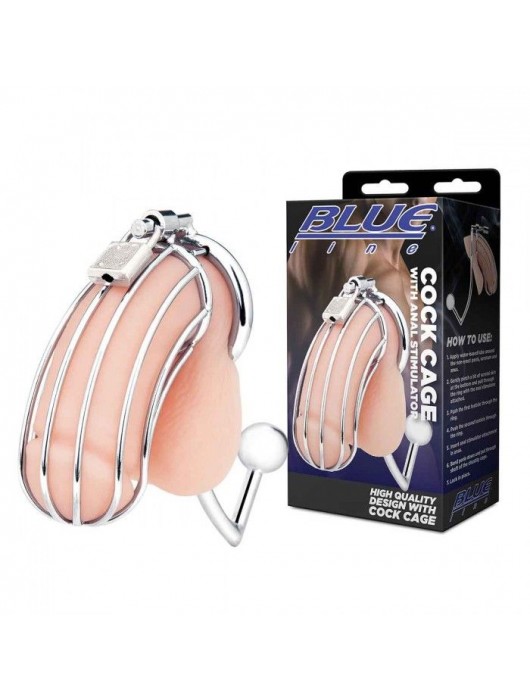 Серебристая металлическая клетка с анальным стимулятором Cock Cage - BlueLine - купить с доставкой в Пензе