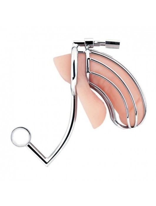 Серебристая металлическая клетка с анальным стимулятором Cock Cage - BlueLine - купить с доставкой в Пензе