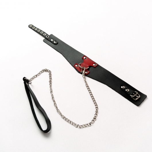 Черный широкий ошейник с красным декором и поводком - Crazy Handmade - купить с доставкой в Пензе
