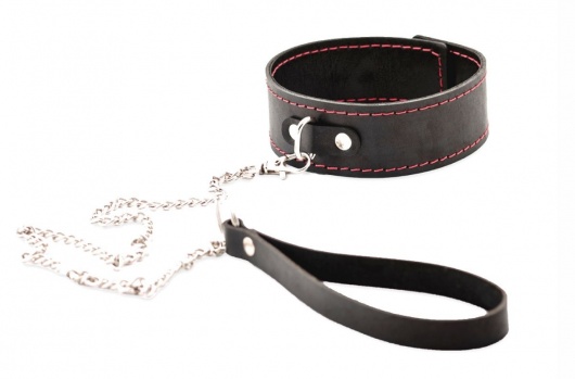 Черный широкий ошейник с красной строчкой и поводком - Crazy Handmade - купить с доставкой в Пензе