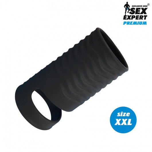 Черная открытая насадка на пенис с кольцом для мошонки XXL-size - 9,4 см. - Sex Expert - в Пензе купить с доставкой