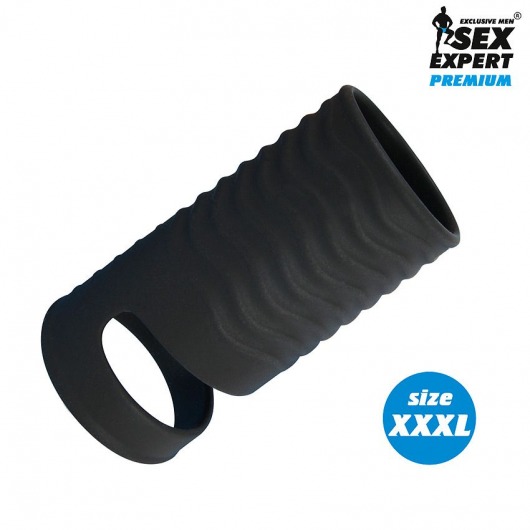 Черная открытая насадка на пенис с кольцом для мошонки XXXL-size - 9,9 см. - Sex Expert - в Пензе купить с доставкой