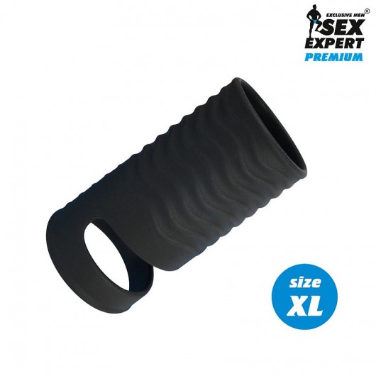 Черная открытая насадка на пенис с кольцом для мошонки XL-size - 8,9 см. - Sex Expert - в Пензе купить с доставкой
