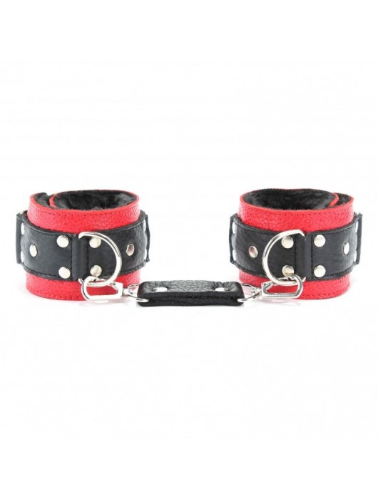 Красно-чёрные кожаные наручники с меховым подкладом - БДСМ Арсенал - купить с доставкой в Пензе