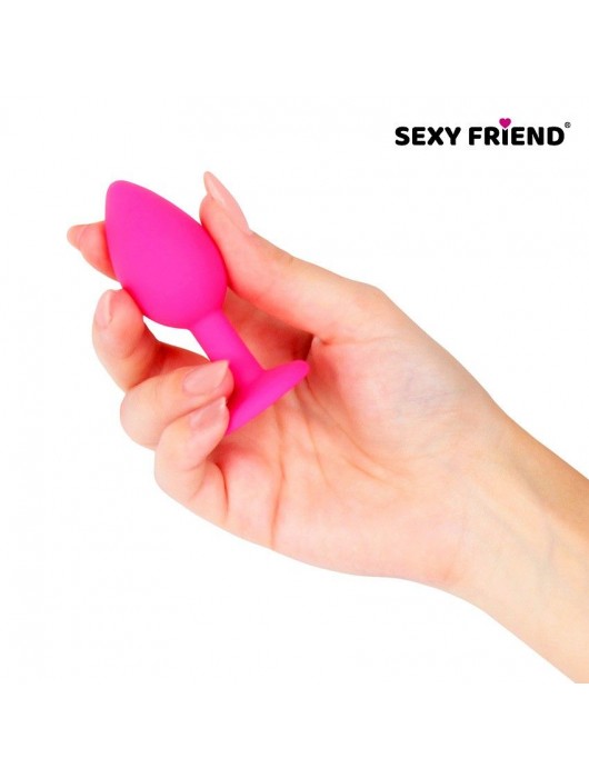 Розовая силиконовая анальная втулка с фиолетовым кристаллом - 7,3 см. - 1137