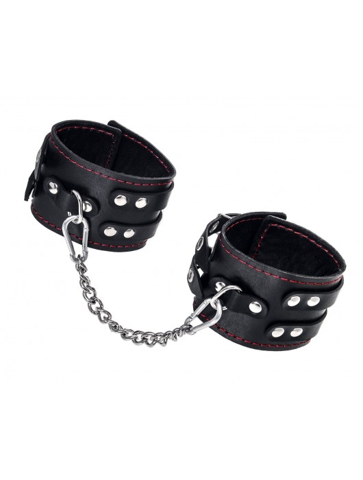 Черные кожаные оковы с двумя ремнями и контрастной строчкой - Pecado - купить с доставкой в Пензе