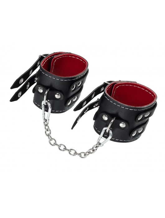 Черные кожаные оковы с двумя ремнями и красной подкладкой - Pecado - купить с доставкой в Пензе