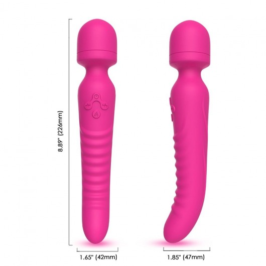 Ярко-розовый двусторонний wand-вибромассажер с рифленой ручкой - 22,5 см. - Silicone Toys