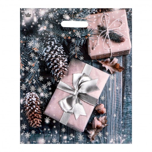 Новогодний пакет с принтом в виде подарков и вырубной ручкой (45х38 см) - Сима-Ленд - купить с доставкой в Пензе