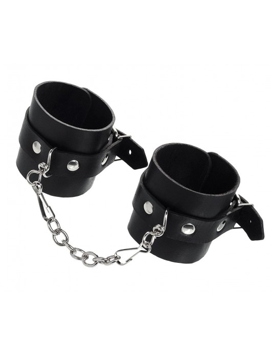 Черные однослойные наручники из натуральной кожи с цепочкой - Pecado - купить с доставкой в Пензе