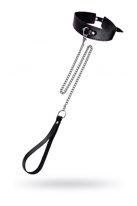 Кожаный двухслойный ошейник с красной строчкой и поводком - Pecado - купить с доставкой в Пензе