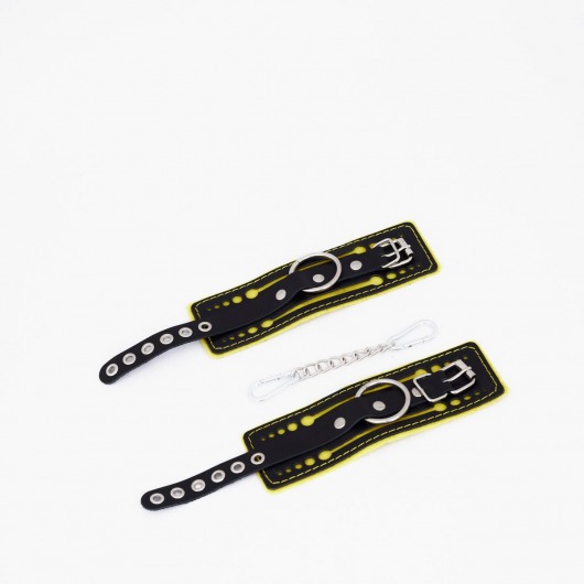 Черно-желтые кожаные наручники с жёлтой строчкой - Crazy Handmade - купить с доставкой в Пензе