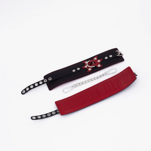 Черные кожаные оковы с красным декором и строчкой - Crazy Handmade - купить с доставкой в Пензе