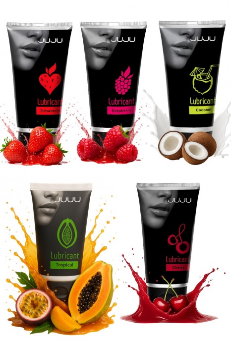 Набор из 5 съедобных лубрикантов JUJU (клубника, малина, тропические фрукты, вишня, кокос) - JuJu - купить с доставкой в Пензе