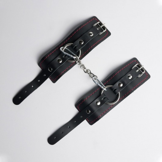 Черные кожаные наручники с красной строчкой - Crazy Handmade - купить с доставкой в Пензе