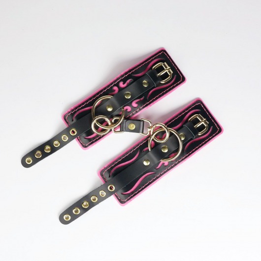 Черные кожаные наручники с розовой строчкой - Crazy Handmade - купить с доставкой в Пензе