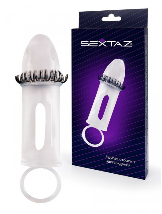Закрытая насадка на пенис с подхватом мошонки и стимулирующими «ресничками» - Sextaz - в Пензе купить с доставкой
