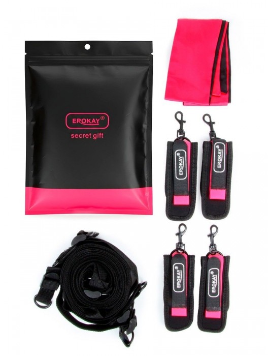 Черно-розовый эротический набор: фиксатор, оковы, наручники, повязка - Erokay - купить с доставкой в Пензе