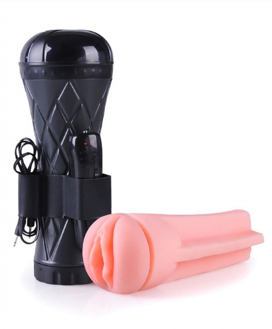 Телесный мастурбатор-вагина в черной колбе с вибрацией - Boys of Toys - в Пензе купить с доставкой