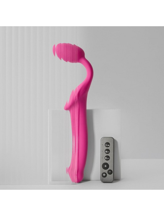 Ярко-розовый безремневой страпон Strap-on-me Vibrating Bendable Strap-On size M - Strap-on-me - купить с доставкой в Пензе