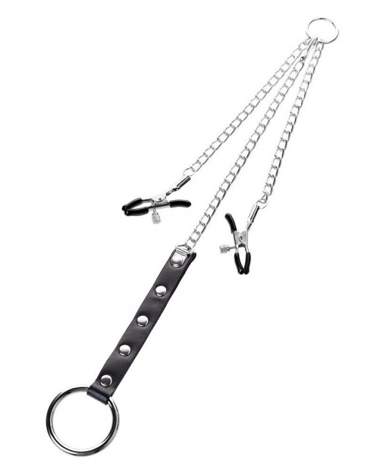 Серебристо-чёрные зажимы для сосков с кольцом для пениса TOYFA Metal - ToyFa - купить с доставкой в Пензе